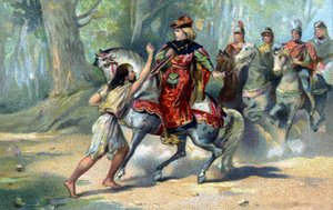 Karl VI. verfällt im Wald von Le Mans dem Wahnsinn. Chromolithographie aus dem späten 19. Jahrhundert von French School