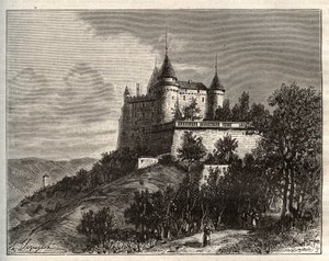 Schloss Mercues - Cahors - Gravur in „La France illustrée: géographie, histoire, administration statistique“ von V.-A. Malt-Brown. 1884.