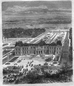 Schloss Vaux-le-Vicomte von Nicolas Fouquet (1615-1680), Vizegraf von Melun und Vaux, Finanzminister von Ludwig XIV. Gravur in „Histoire des Papes-Rois-Queen and Empereurs à travers les siècles“ von Maurice Lachatre