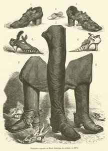 Schuhe ausgestellt im Historischen Kostümmuseum, 1874 (Stich) von French School
