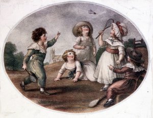 Kinder spielen das Radspiel (heute Badminton).