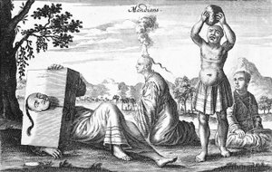 Chinesische Mendians, die selbstverletzende Handlungen ausführen, 1664 von French School