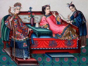 Chinesische Adelsfrauen rauchen Opium - in „Das historische Kostüm“ von Racinet von French School