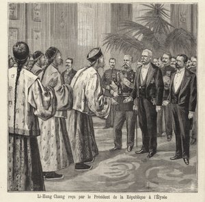 Chinesischer Politiker und Diplomat Li Hongzhang wird vom französischen Präsidenten Felix Faure im Elysee-Palast, Paris, empfangen von French School