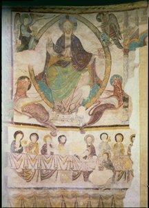 Christus in Majestät mit vier Evangelistensymbolen und das letzte Abendmahl, ca. 1200
