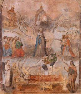 Kirche (Eglise Saint-Jean-Baptiste). Innenansicht. Kapelle Saint-Fursy. Wandmalereien. Die Verherrlichung Mariens (Fresko genannt der gute Tod). Anfang 17. Jahrhundert.