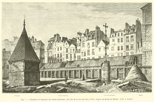 Friedhof und Beinhäuser der Saints-Innocents, von der Rue aux Fers aus gesehen, 1780, nach einer Zeichnung von Bernier, Sammlung A. Lenoir von French School