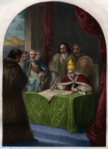 Clement XIV (1705-1774) hebt die Gesellschaft der Jesuiten am 21. Juli 1773 auf. Gravur von 1842 in „Histoire des papes: crimes, murders, poisonings, parricides, adulteres, incest...“ von Maurice Lachatre. Private Sammlung.