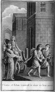 Kleobis und Biton, argivische Zwillingsbrüder, Söhne von Kydippe, Priesterin der Hera. Sie sind das Symbol der kindlichen Liebe. Sie sterben vor Erschöpfung, nachdem sie den Wagen ihrer Mutter von Argos zum Heiligtum der Hera bei Mykene gezogen haben. In „