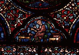 Schuster, Detail aus einem Fenster, das den Tod der Jungfrau darstellt von French School