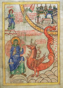 Die scharlachrote Frau, Mutter der Abscheulichkeiten, trifft das Tier der Apokalypse, aus Liber Floridus von Lambert de Saint-Omer, ca. 1120 von French School