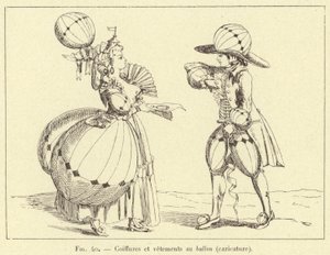 Frisuren und Kleidung im Ballon (Karikatur) (Gravur) von French School