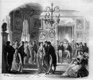 Comédie Française: Ansicht des Künstlerfoyers mit den Komödianten François-Joseph Talma (1763-1826) und Anne Boutet, genannt Mademoiselle Mars (1779-1847), französische Komödiantin. Gravur von 1867-1868. von French School