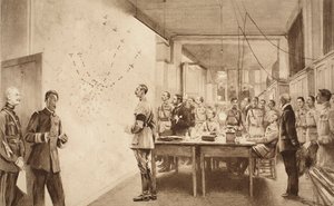 Kommandant und Stab der französischen Luftfahrtabteilung verfolgen den Fortschritt eines Gotha-Angriffs auf Paris, 1914-19 von French School