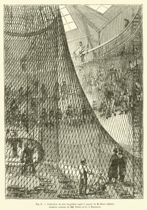 Herstellung des Netzes des dampfbetriebenen Fesselballons von M. Henri Giffard, zentrale Seilerei von MM Fretet und Co. in Vincennes