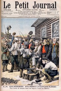 Sträflinge in Sibirien werden zum Kampf im Russisch-Japanischen Krieg eingezogen. Russisch-Japanischer Krieg. Ein Aufstand von Sträflingen in den russischen Straflagern von Sibirien. Illustration für Le petit Journal, 27. August 1905.
