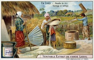 Korea: Reisernte, Weben und Dreschen - Chromolithografie Liébig, ca. 1900