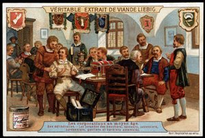 Zünfte im Mittelalter: eine Beratung der Juranden der Metzger, Gerber, Seifensieder, Schuhmacher, Handschuhmacher und versammelten Barbiere