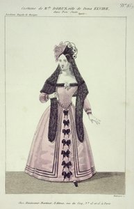 Kostüm für Mademoiselle Dorus in der Rolle der Donna Elvira in Don Giovanni, graviert von Maleuvre, gedruckt von Hautecoeur-Martinet von French School