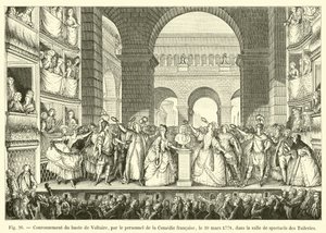 Krönung der Büste von Voltaire durch das Personal der Comédie-Française, am 30. März 1778, im Theatersaal der Tuilerien von French School