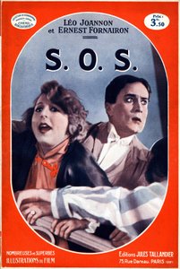 Titelbild des Buches S.O.S. (SOS) mit einem Bild des gleichnamigen Films von Carmine Gallone. Illustration des Akronyms für Hilferuf, Notsignal aus dem Morsealphabet, das 1908 in Kraft trat. Ausgabe Jules Tallandier (Litho)