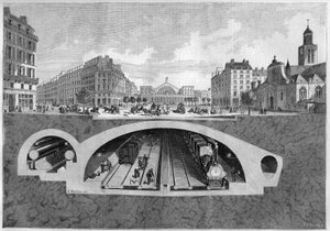 Querschnitt des unterirdischen Eisenbahnprojekts in Paris, von der Vilette zu den zentralen Hallen, 1861. Gravur in „Le Monde Illustré“ Nr. 213 vom 11. Mai 1861