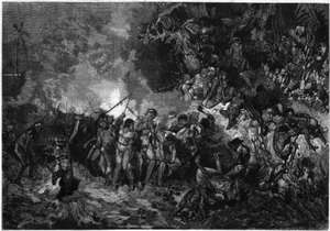 Brauch von Neukaledonien: Pilou Pilou (Pilou-pilou), traditioneller Kanak-Tanz. Gravur in „Le Monde Illustré“ Nr. 772 vom 27. Januar 1872