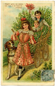 Nehmen Sie an, Kinder, Wünsche und Blumen des Frühlings: Kinder in einem Wagen, begleitet von einem Hund. Postkarte Anfang des 20. Jahrhunderts. von French School