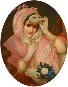 Dame mit Maske in rosafarbenem Gewand