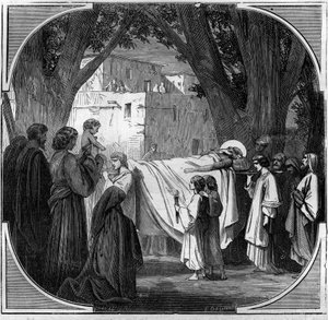 Tod von Agathon dem Thaumaturgen, Papst von 678 bis 681. Gravur in „Histoire des Papes-Rois-Reines und Kaiser durch die Jahrhunderte“ von Maurice Lachatre