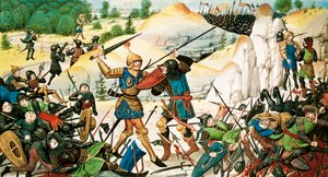 Tod des Ritters Roland, Neffe Karls des Großen, in der Schlacht von Roncesvaux (778) zwischen den Armeen Karls des Großen und den Sarazenen. Miniatur des 14. Jahrhunderts. von French School