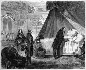 Tod des Grafen von Cavour, 6. Juni 1861: König von Italien Viktor Emanuel II. besucht Camillo Benso, Graf von Cavour, am Tag vor seinem Tod. Gravur in „Le Monde Illustré“ Nr. 218 vom 15. Juni
