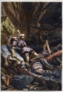 Tod des Ritters Roland, Neffe von Karl dem Großen, in der Schlacht von Roncevaux (778), die die Armee von Karl dem Großen und die Sarazenen gegeneinander stellte - Tod von Roland in der Schlacht am Roncevaux-Pass, 778 - Gravur aus „L
