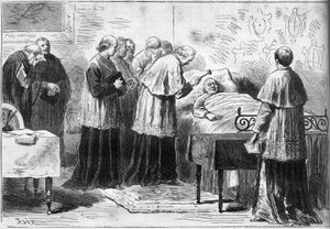 Tod von Papst Pius IX. (Pio) (1792-1878): Ritual der Anerkennung des Todes des Papstes. Ein Kardinal schlägt mit einem silbernen Hammer auf die Stirn des Verstorbenen. Gravur in „Le Monde Illustré“ Nr. 1089 vom 16. Februar 1878 von French School