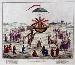 Abfahrt des Satire-Flugschiffs auf der von Jean-Pierre Blanchard (1753-1809) erdachten Flugmaschine: Esel, Affen und Blinde betrachten die seltsame Maschine mit sechs Flügeln und einem Ruder. Gravur aus dem späten 18. Jahrhundert. Paris, Musée Carnavalet