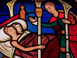 Darstellung eines Dieners, der das Zimmer von Tobias und Sarah betritt, aus der Ste Chapelle, Bay E