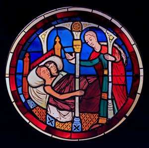 Darstellung eines Dieners, der das Zimmer von Tobias und Sarah betritt, aus der Ste Chapelle, Bay E