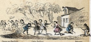 Beschreibung der Freizeitaktivitäten und Spiele von Kindern: Spiele im Freien, Schmetterlingsjagd, Kickel und Stock. Tafel „les jeux de l