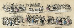 Beschreibung der Freizeitaktivitäten und Spiele von Kindern: Die Runden. Tafel „Die Spiele der Kindheit“ in „Les Recreations instructives“, Synoptisches Gemälde von Jules Delbruck, Gravur von 1860. Private Sammlung