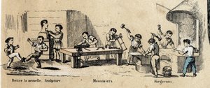 Beschreibung der Freizeit und Spiele von Kindern: Erlernen von Erwachsenenberufen (Bildhauer, Schmied und Zimmermann) durch kleine Jungen. Tafel „Die Kinderspiele“ in „Les Recreations instructives“. Synoptisches Gemälde von Jules Delbruck, Gravur von 1860. von French School