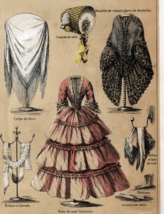 Beschreibung der Kultur und Seidenprodukte: Ein Kleid aus Krepp de Chine, ein Samtmantel mit Spitze, Seidenärmel und ein Fantasiekleid. (la soie) von French School