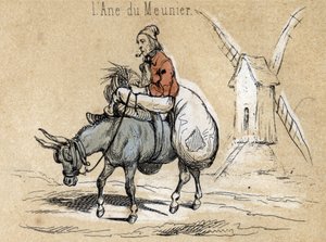 Beschreibung der verschiedenen Produkte und Verwendungen des Esels: Das Tier hilft dem Müller. (Detail) von French School