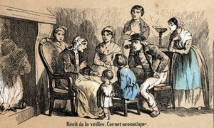 Beschreibung der fünf Sinne: Detail des Hörens, Erzählungen während der Nacht in den Hütten, ein alter Mann benutzt einen Hörkegel. (Les cinq sens)