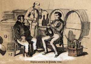 Beschreibung der fünf Sinne: Detail des Geschmacks, die Verkoster feiner Weine entwickeln den Gaumen in einem Keller. Tafel „Die fünf Sinne“ in „Die lehrreichen Erholungen“ Synoptisches Gemälde von Jules Delbruck, Gravur von 1860. Private Sammlung von French School