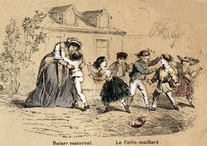 Beschreibung der fünf Sinne: Der Tastsinn, eine Mutter, die ihr Kind für mütterlichen Kontakt umarmt, und das Spiel des Blindekuh. Tafel „Die fünf Sinne“ in „Les Recreations instructives“, Synoptisches Gemälde von Jules Delbruck, Gravur von 1860. Private S
