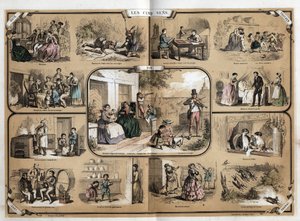 Beschreibung der fünf Sinne: Ansicht, von links nach rechts und von oben nach unten, Hören, Tasten, Riechen und Schmecken. Tafel „Die fünf Sinne“ in „les Recreations instructives“ Synoptisches Gemälde von Jules Delbruck, Gravur von 1860. Private Sammlung von French School