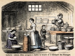 Beschreibung der verschiedenen Berufe und Schafprodukte: junge Milchbauern stellen Butter und Käse in einer Molkerei her. Tafel „Die Schafe“ in „Les Recreations instructives“. Synoptisches Gemälde von Jules Delbruck, Gravur von 1860.