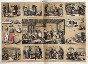 Beschreibung der verschiedenen Produkte und Verwendungen von Papier: in der Mitte Aktivitäten in einer Schreibwarenhandlung, Papierherstellung aus Lumpen, Zellstoff, Formen und Presse. Verschiedene Verwendungen, Zeichenpapier, Wissenschaftler Buffon schrei von French School