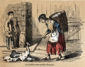 Beschreibung der verschiedenen Produkte und Verwendungen von Papier: das Sammeln alter Lumpen, aus denen das Papier hergestellt wird. Tafel „Das Papier und seine Produkte“ in „Les Recreations instructives“. Synoptisches Gemälde von Jules Delbruck, Gravur v