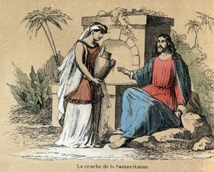 Beschreibung der verschiedenen Herstellungsschritte und Verwendungen von Ton: Jesus und die Samariterin tragen einen Tonkrug in der Bibel. Tafel „Der Ton und seine Produkte“ in „Les Recreations instructives“. Synoptisches Gemälde von Jules Delbruck, Gravur von French School